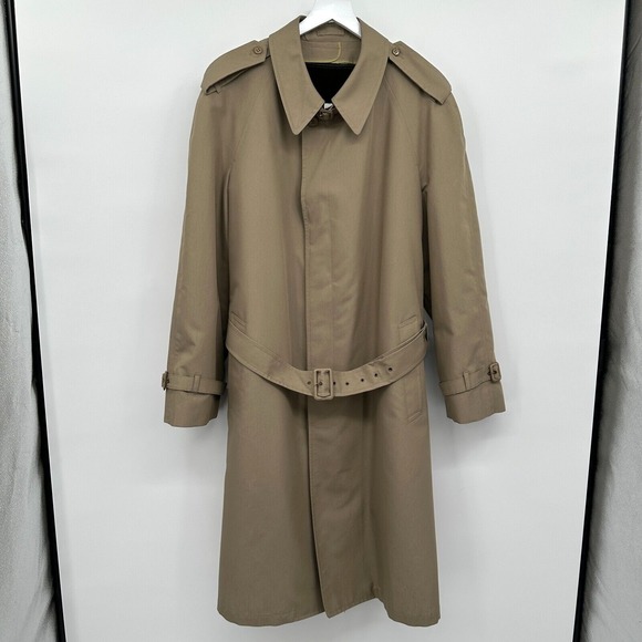 Vintage London Fog Maincoats Trench Coat Mens 46L Khaki Belted‎ Long Lined USA - Picture 1 of 16